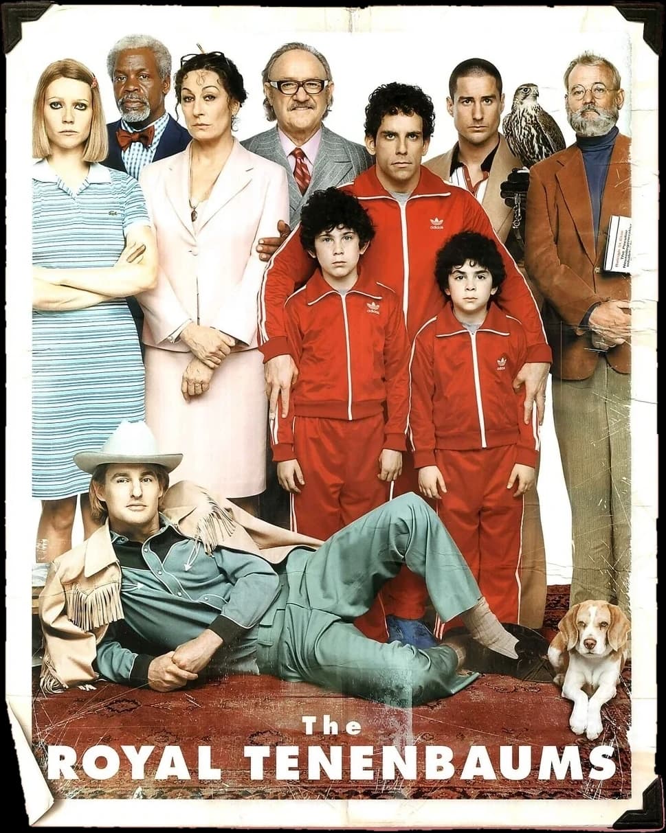 The Royal Tenenbaums poster, worn at the edges and held by black photo corners