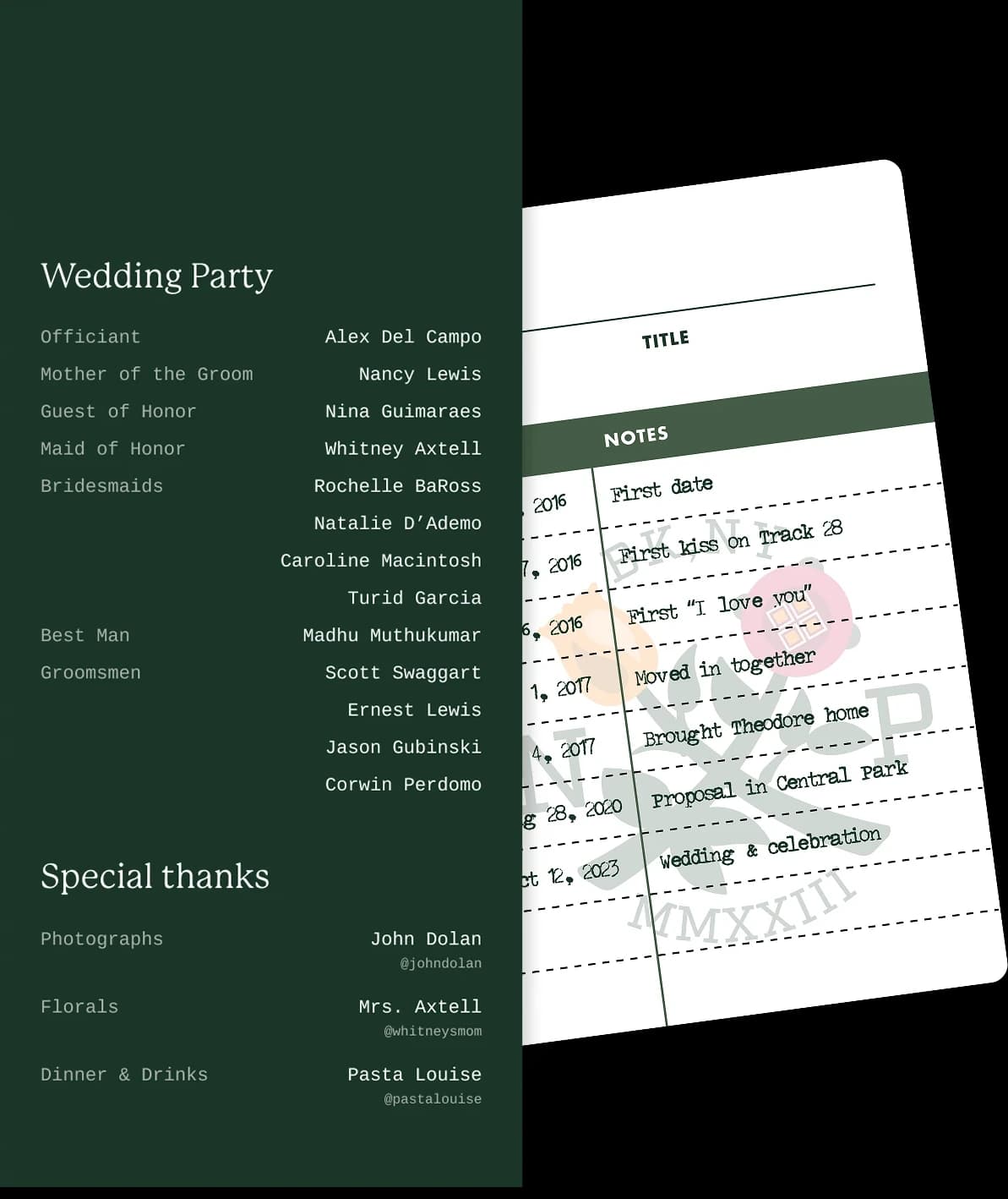 Wedding program listing the wedding party, layered over a library card of the couple's milestones