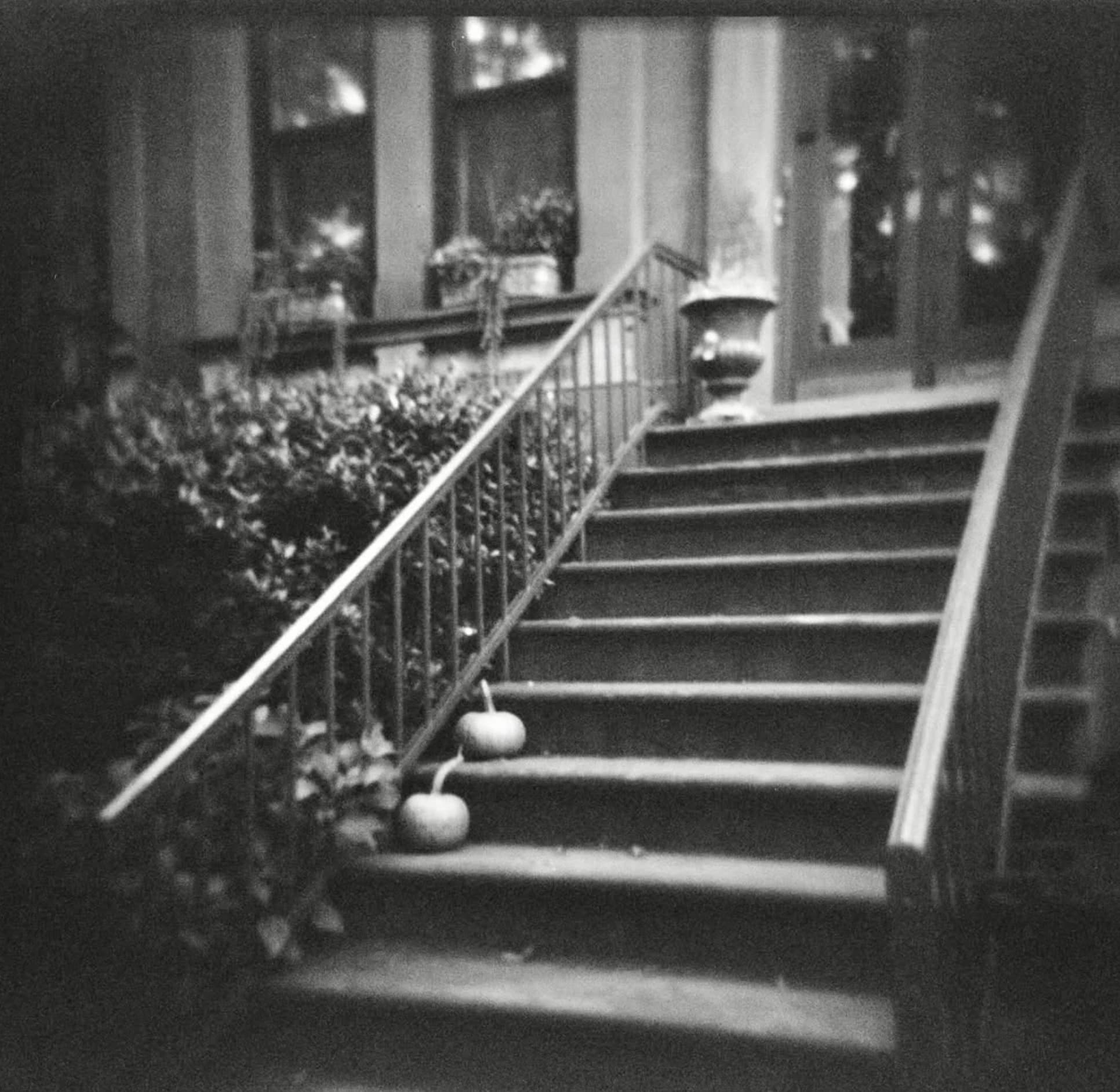 Two small pumpkins on the steps of a stoop, in black and white